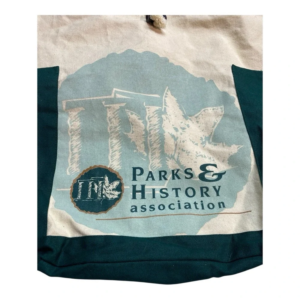 VTG 90s Parks & History‎ Association Canvas Tote Backpack Green Cotton Strap